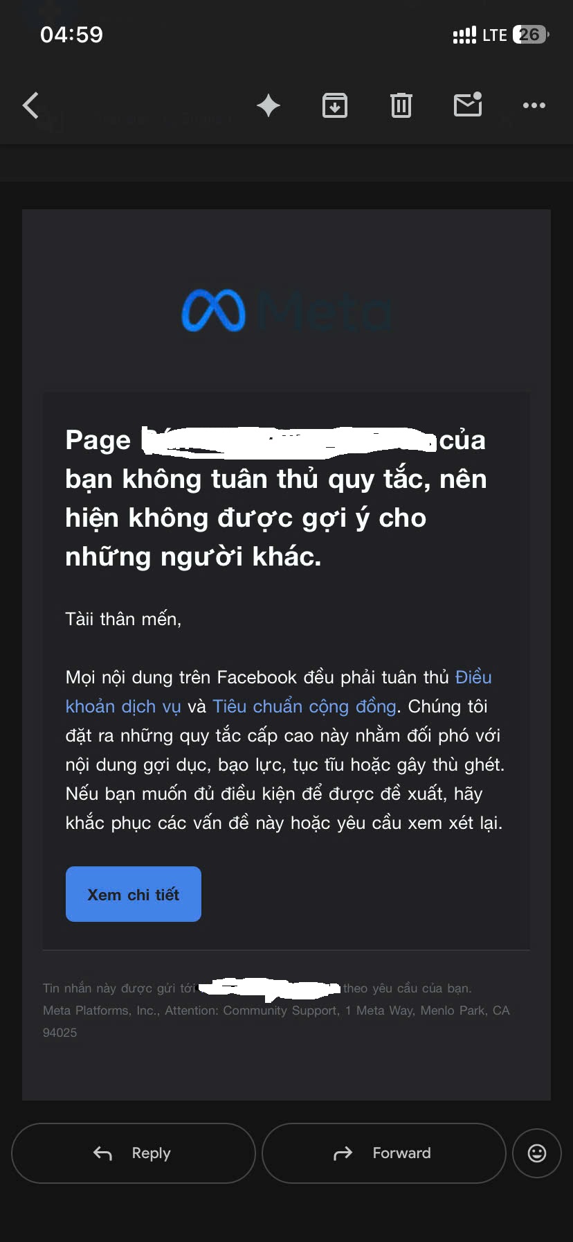 Mail thông báo bị bóp page =)))